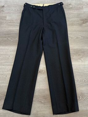 Vintage 70s USA Made High Waist 100% Wool Gurkha Belt Pleated Black Pants 30x29